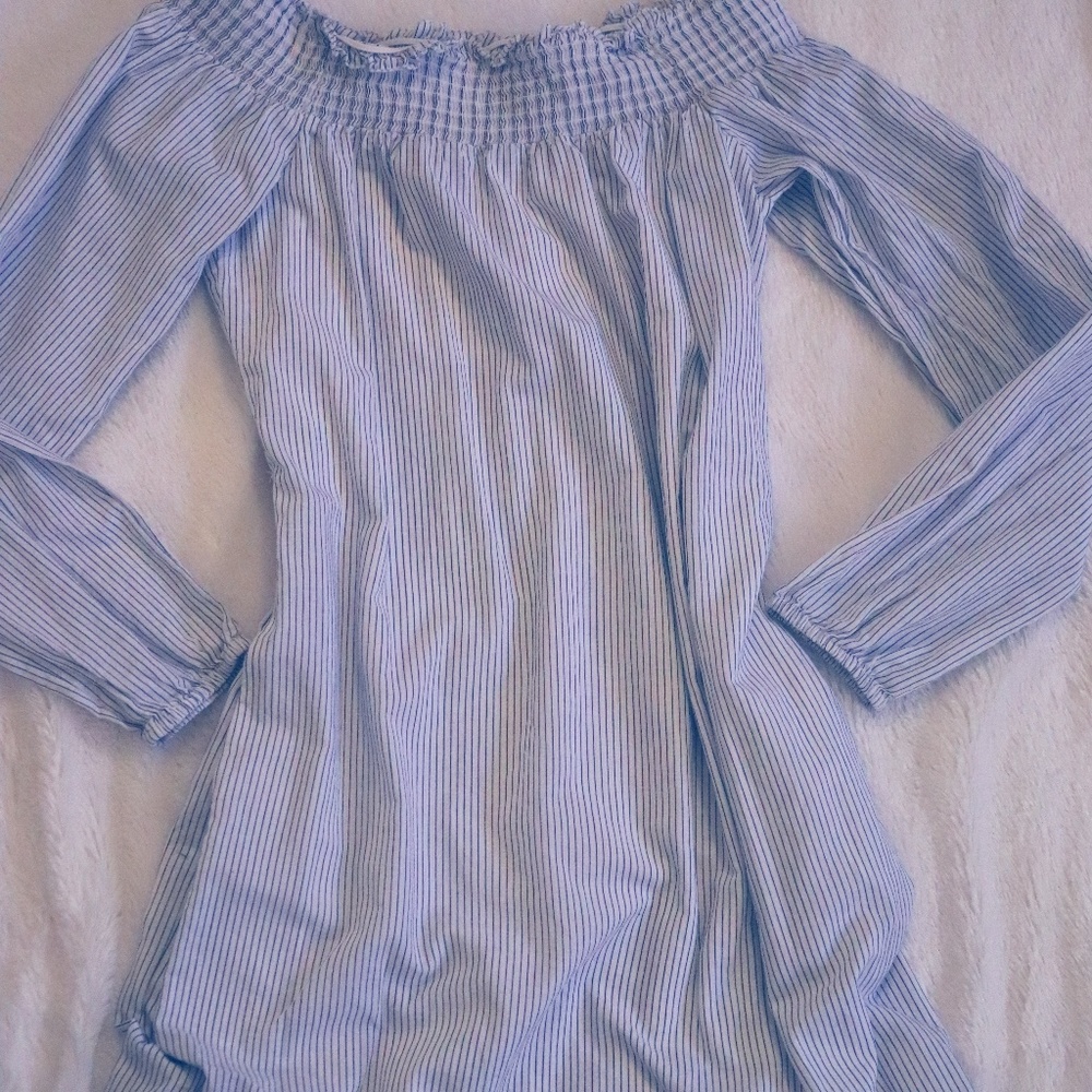 Express Pin Striped Off Shoulder Dress